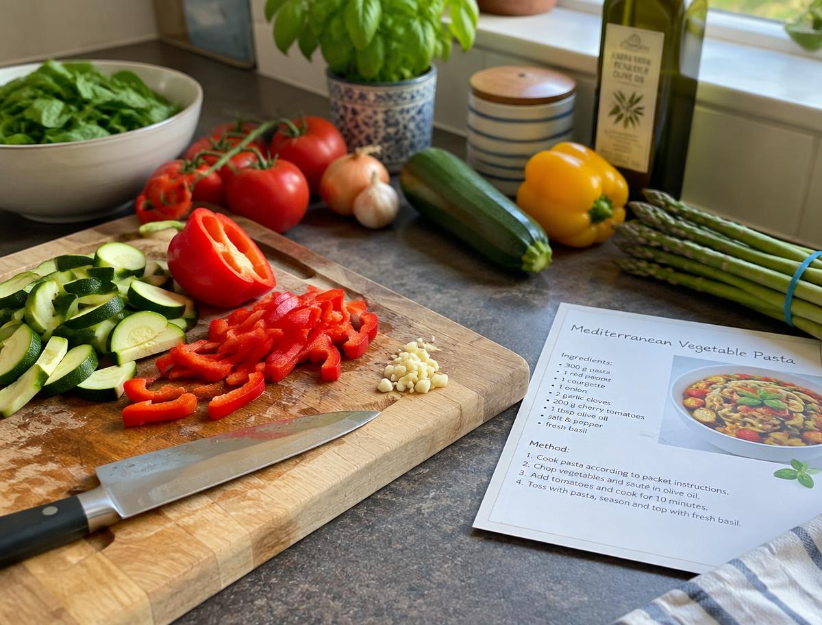 Fresh vegetables being prepared on a chopping board beside a recipe card