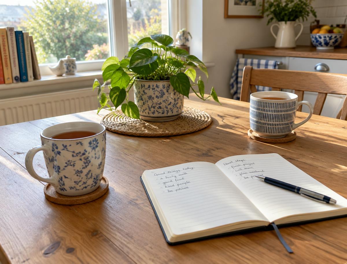 Two cups of tea and an open notebook on a sunny kitchen table